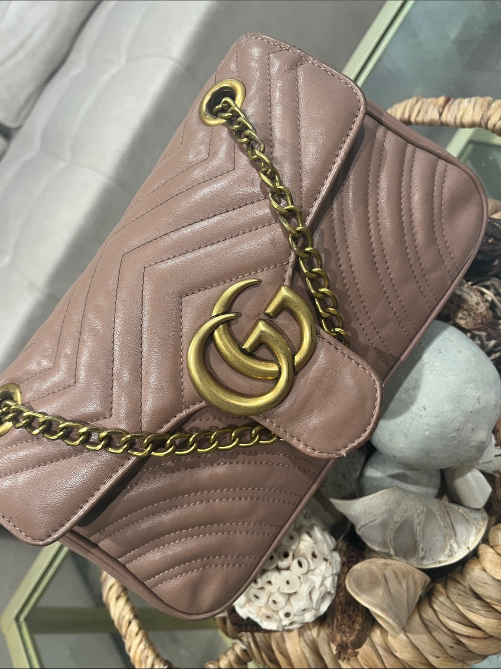 AUTHENTIC ❤️ Gucci Pink Beige Matelassé Shoulder Bag with Gold GG